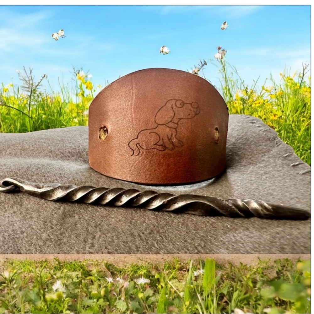 Handmade Leather Hair Barrette with Metal Pin and Dog Engraving New